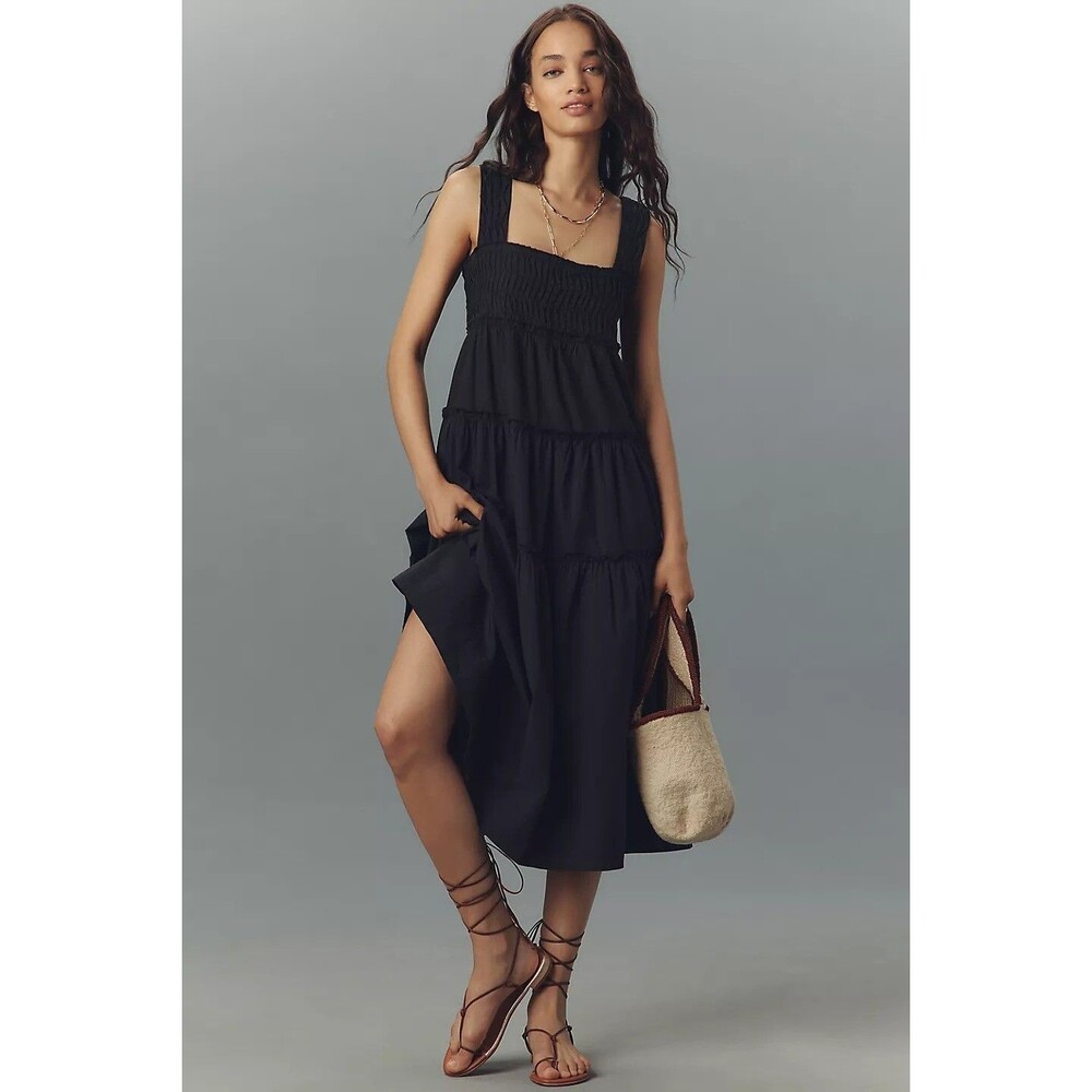 Anthropologie Black Tiered Smocked Midi Dress